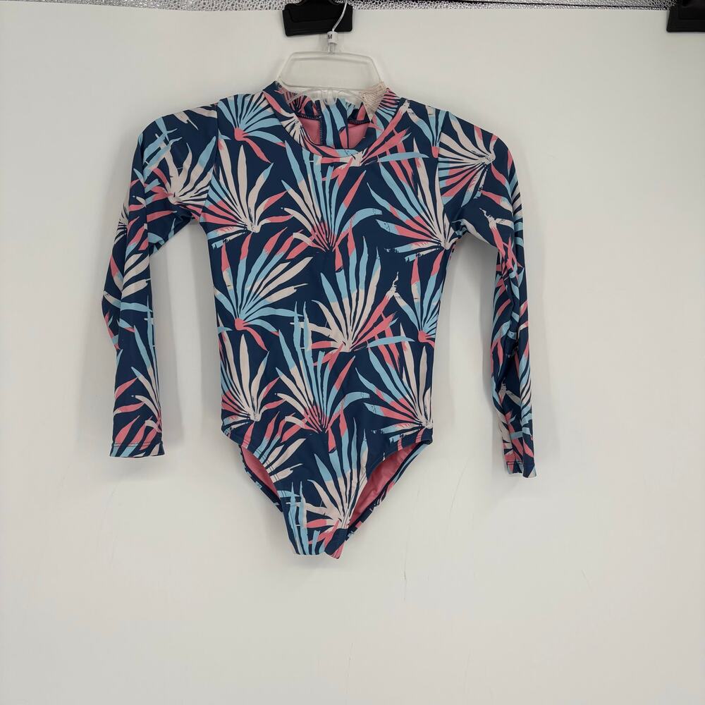 Feather 4 Arrow Pink Blue Tropical Leaf Print Girls Swimsuit Rash Guard‎ Size 8